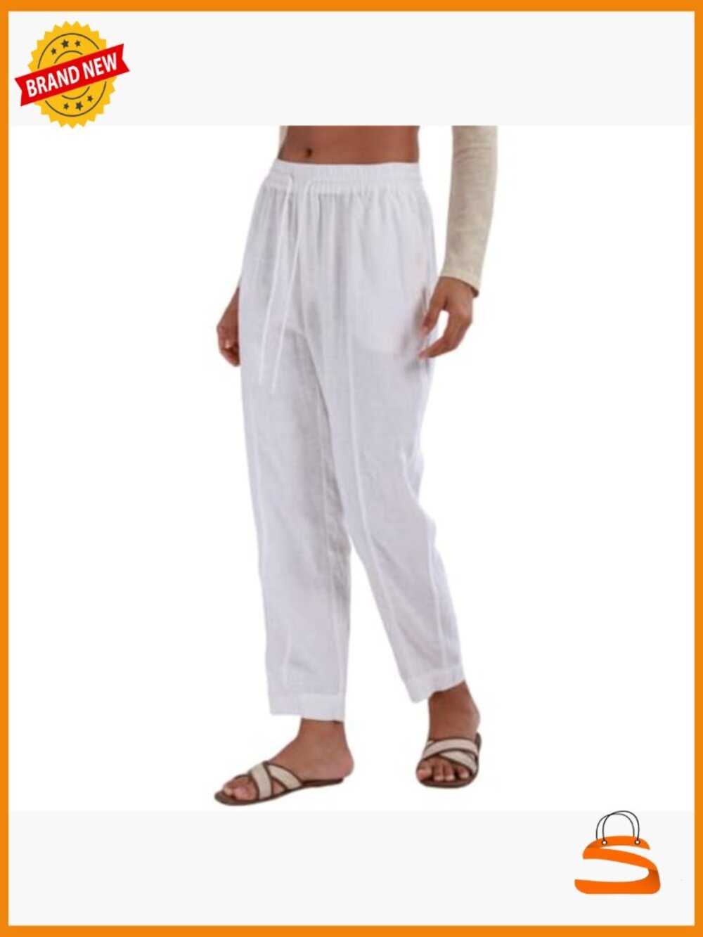 100% Linen Elastic Waist Drawstring Tapered Pants Summer - Picture 3 of 6